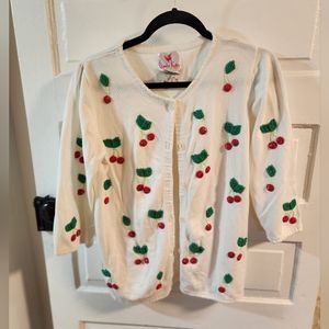 Vintage Quacker Factory Women Cherry Print Cardigan Sweater White Red Size SMALL